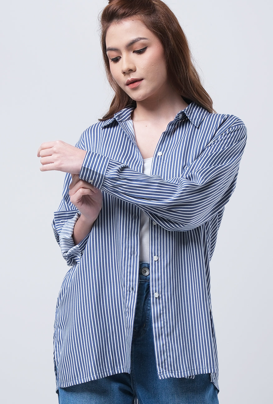 Kemeja Lengan Panjang Ziva Navy White
