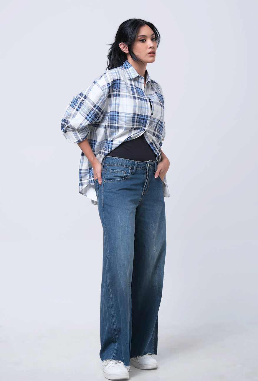 Kemeja Lengan Panjang Agnetha White Blue