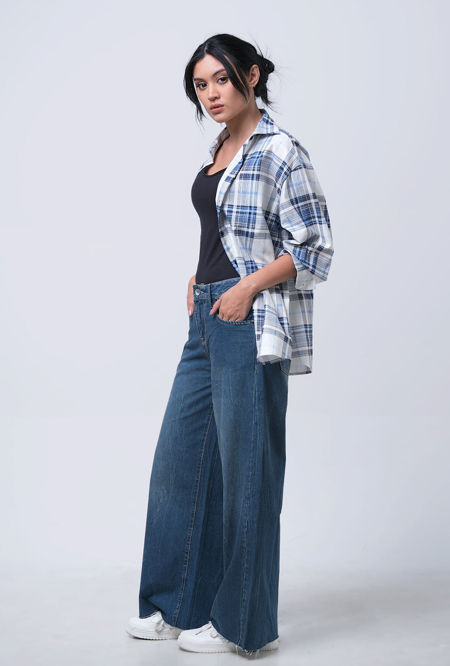 Kemeja Lengan Panjang Agnetha White Blue
