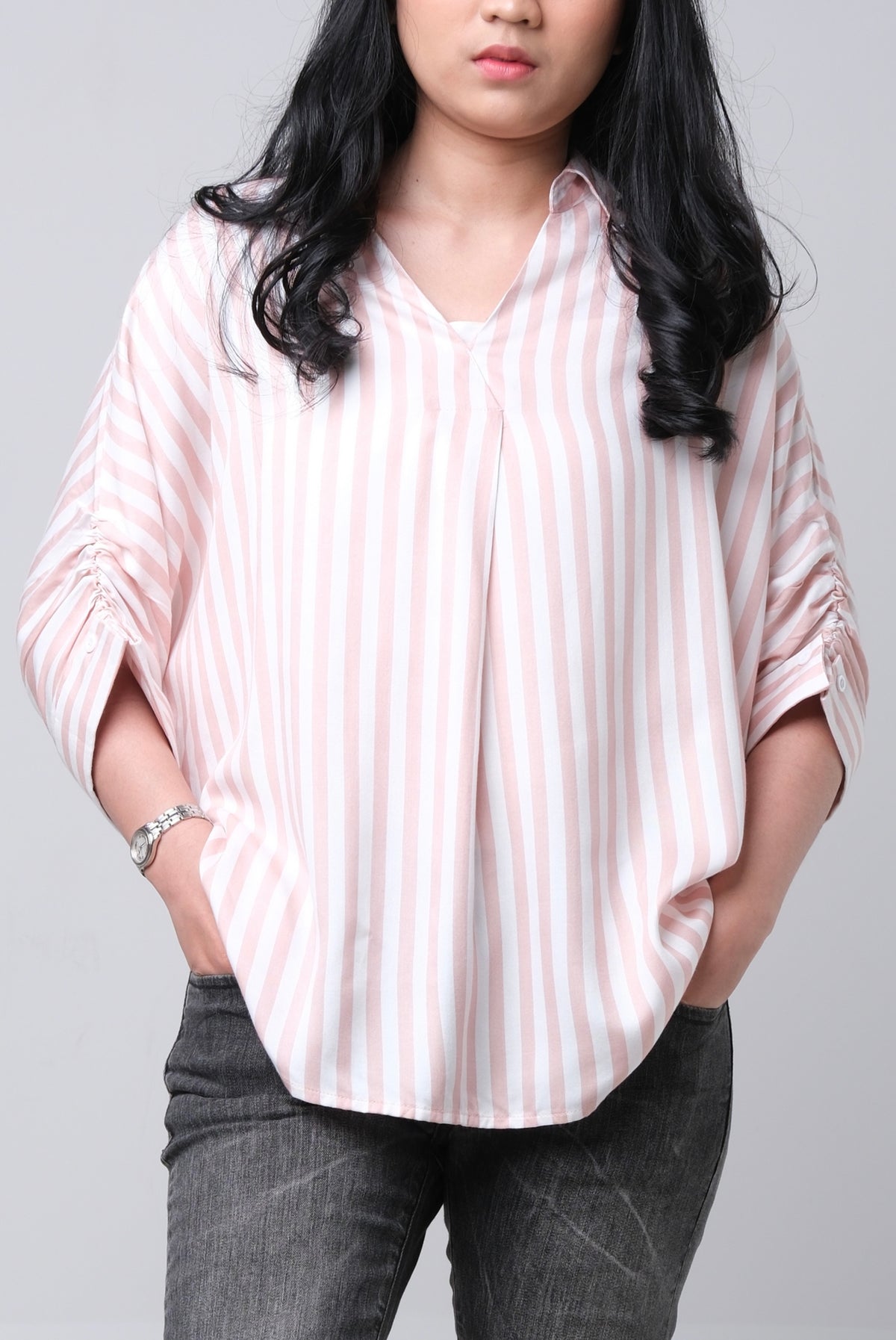Kemeja Lengan Pendek Florentina Pink Offwhite