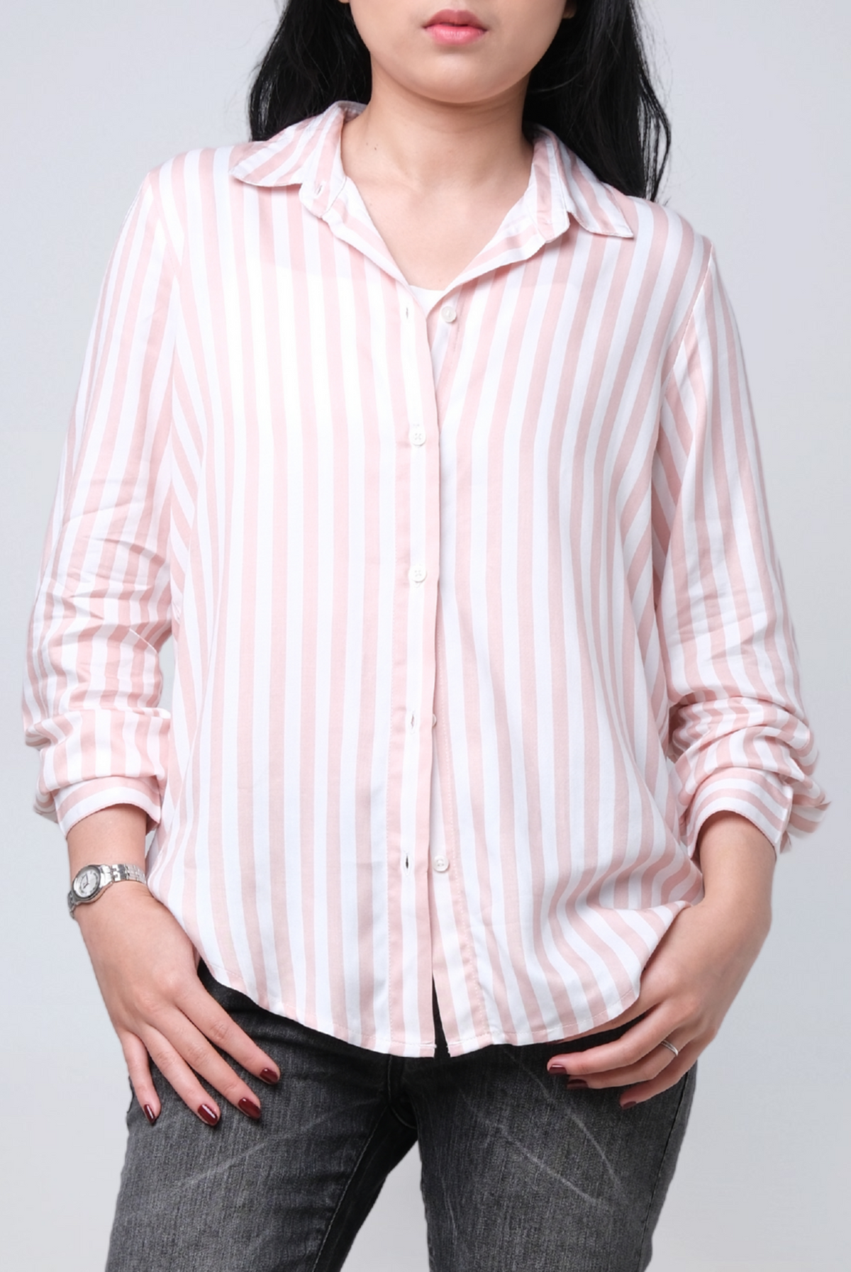 Kemeja Lengan Panjang Flory Pink Offwhite