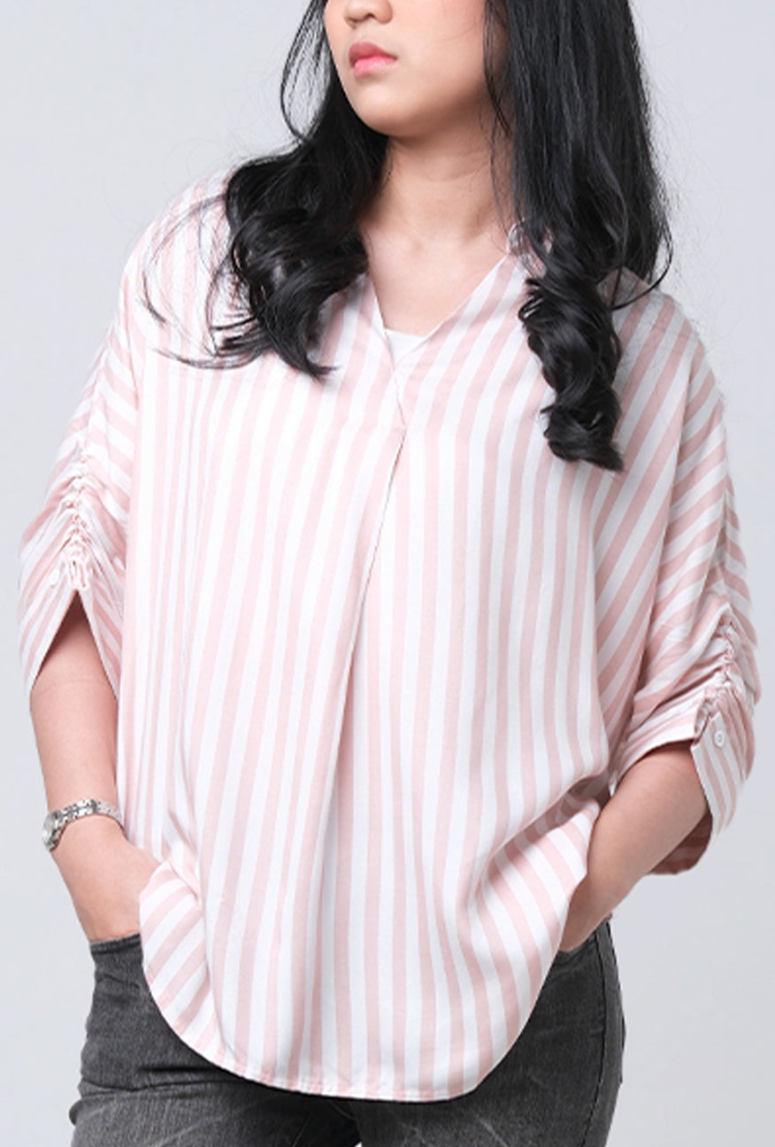 Kemeja Lengan Pendek Florentina Pink Offwhite