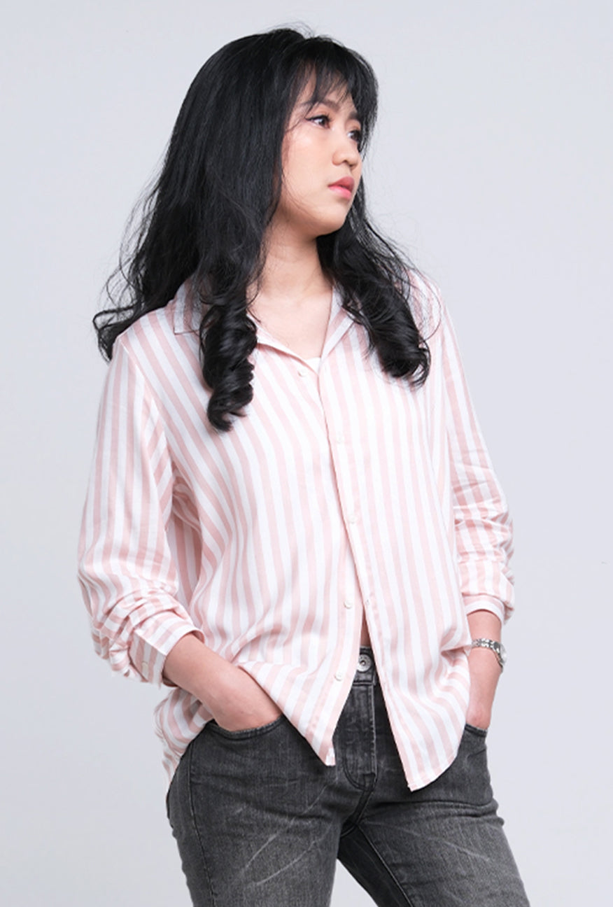 Kemeja Lengan Panjang Flory Pink Offwhite