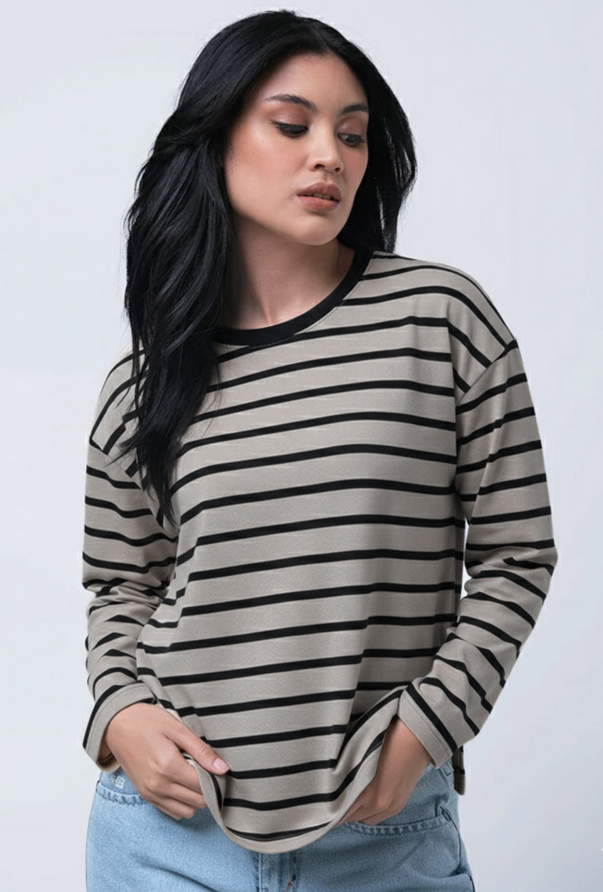 T-Shirt Lengan Panjang Shaz Khaki Black Stripe