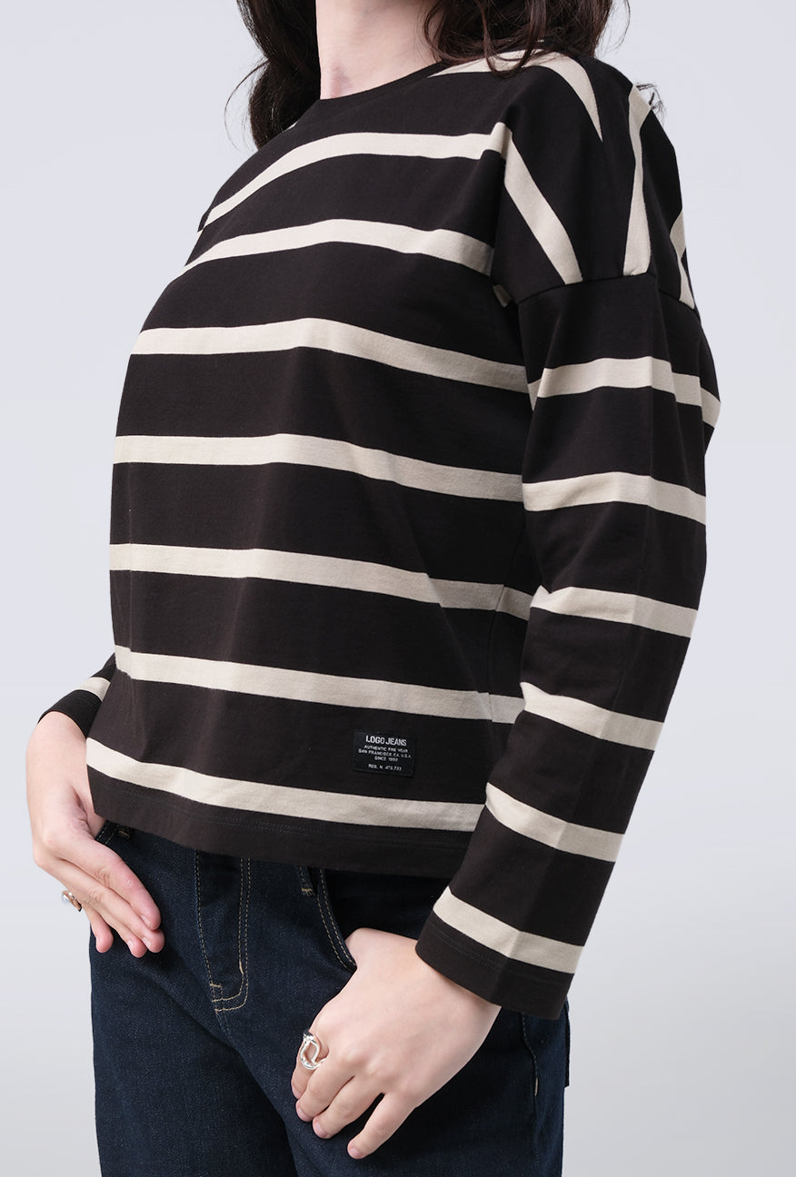 T-Shirt Lengan Panjang Zeva Black Beige Stripe