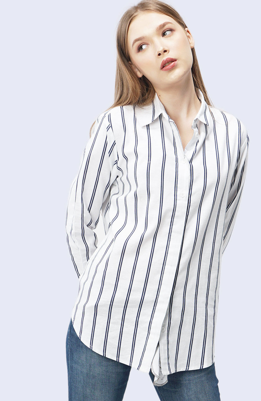 Kemeja Lengan Panjang Emma White Navy