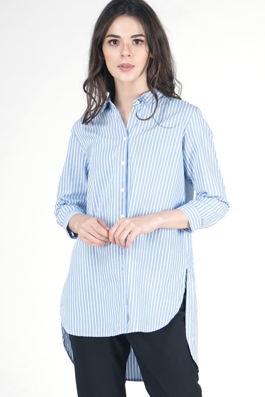 Kemeja Lengan Panjang Grazel Blue Offwhite