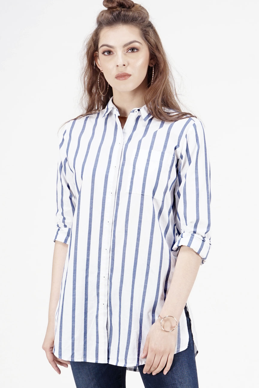 Kemeja Lengan Panjang Elodie White Navy