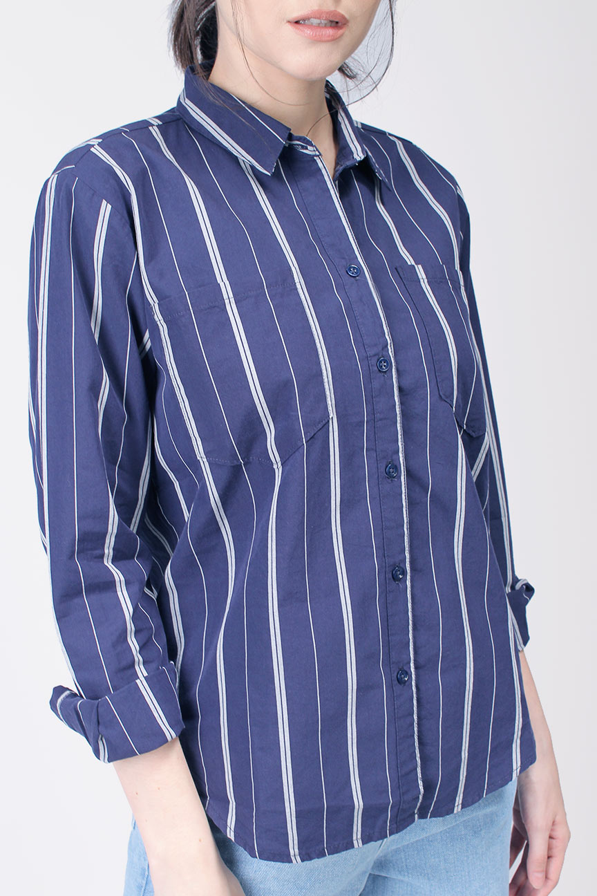 Kemeja Lengan Panjang Skay Navy White