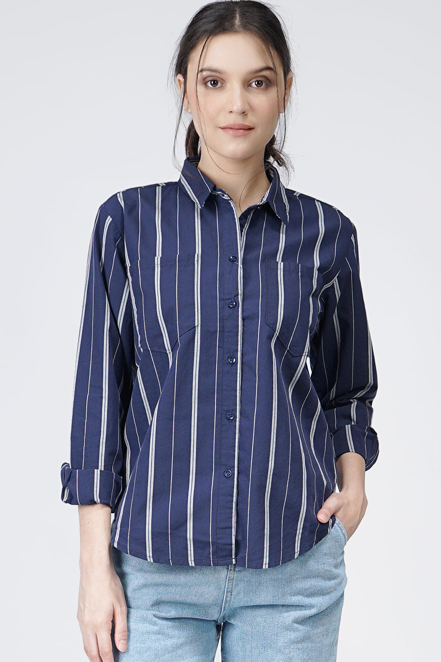 Kemeja Lengan Panjang Skay Navy White