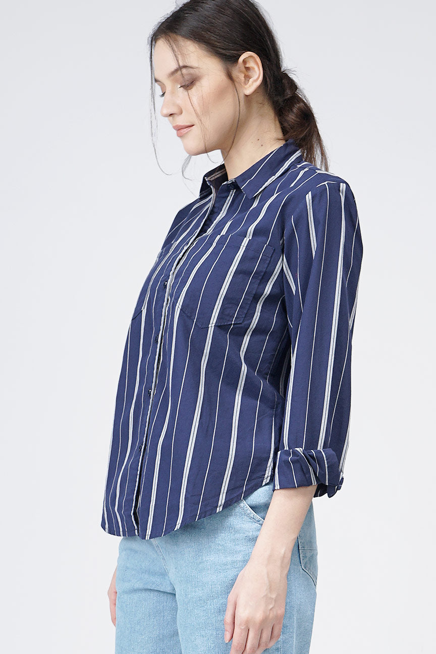 Kemeja Lengan Panjang Skay Navy White