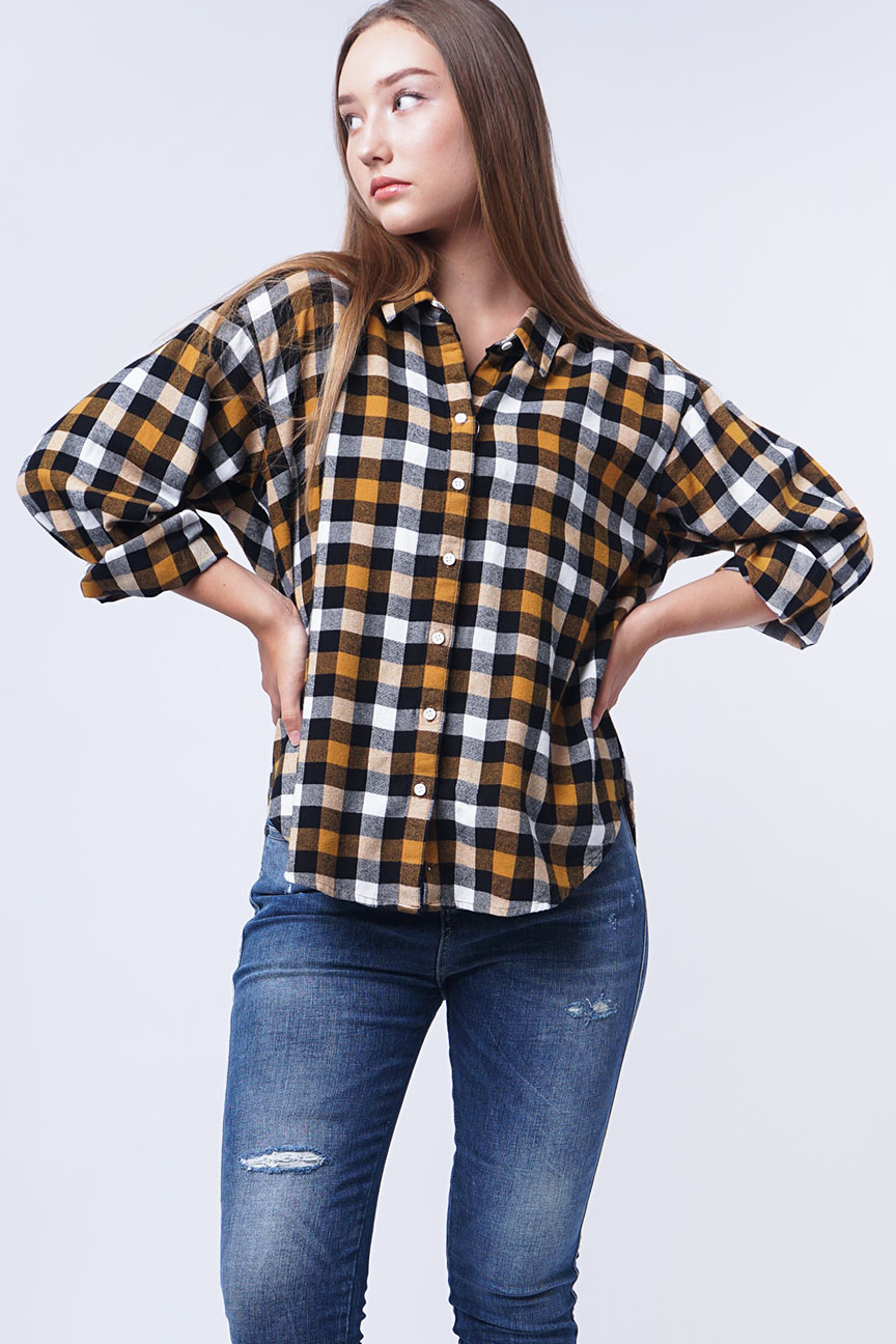 Kemeja Flanel Maeva Mustard Black