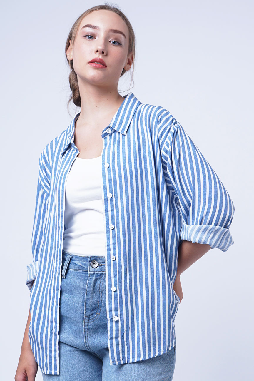 Kemeja Lengan Panjang Acheline Stripe Blue White