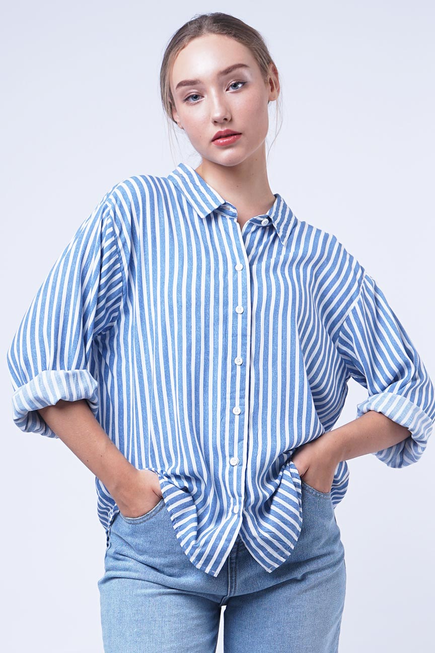 Kemeja Lengan Panjang Acheline Stripe Blue White