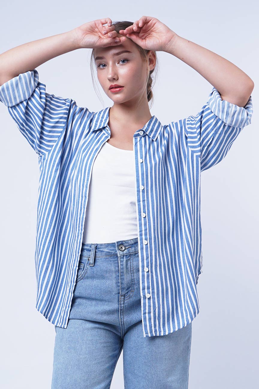 Kemeja Lengan Panjang Acheline Stripe Blue White
