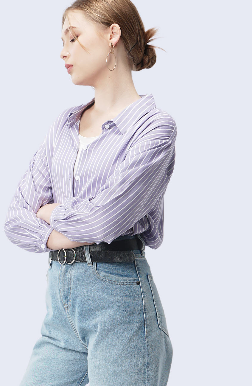 Kemeja Lengan Panjang Sophie Purple Offwhite