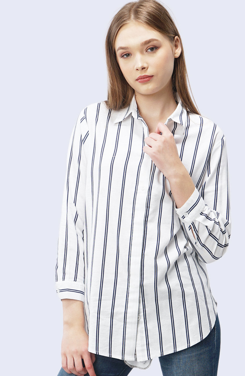 Kemeja Lengan Panjang Emma White Navy