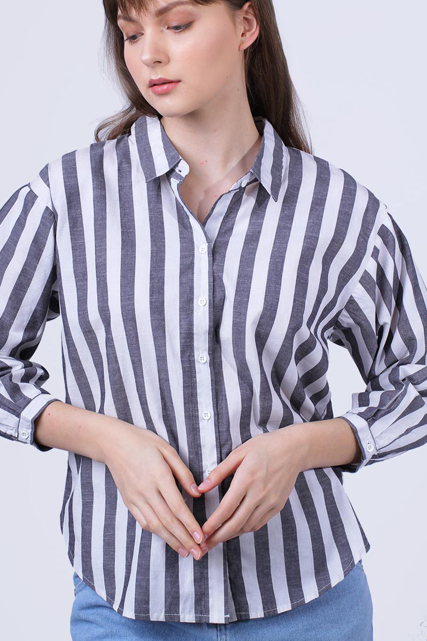Kemeja Lengan Panjang Gracia Stripe Black Offwhite