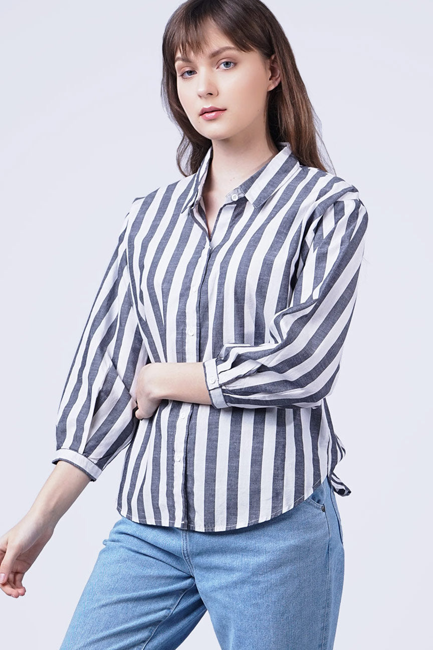 Kemeja Lengan Panjang Gracia Stripe Black Offwhite
