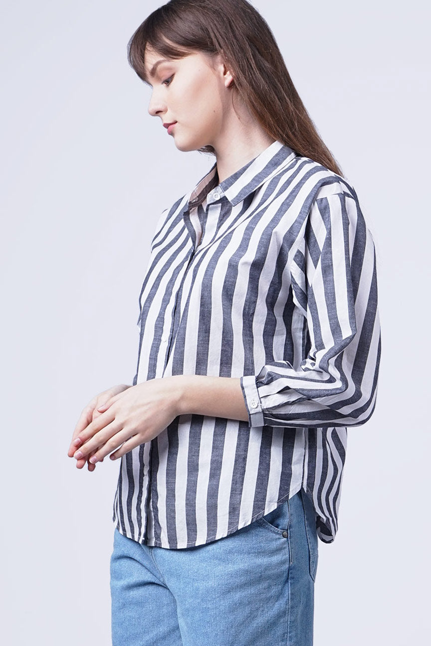Kemeja Lengan Panjang Gracia Stripe Black Offwhite