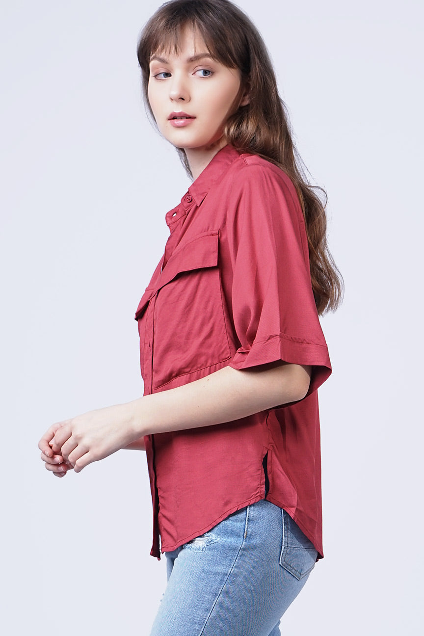 Kemeja Lengan Pendek Mosette Dark Pink