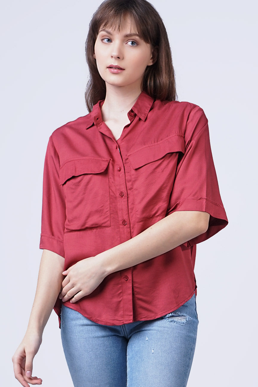 Kemeja Lengan Pendek Mosette Dark Pink